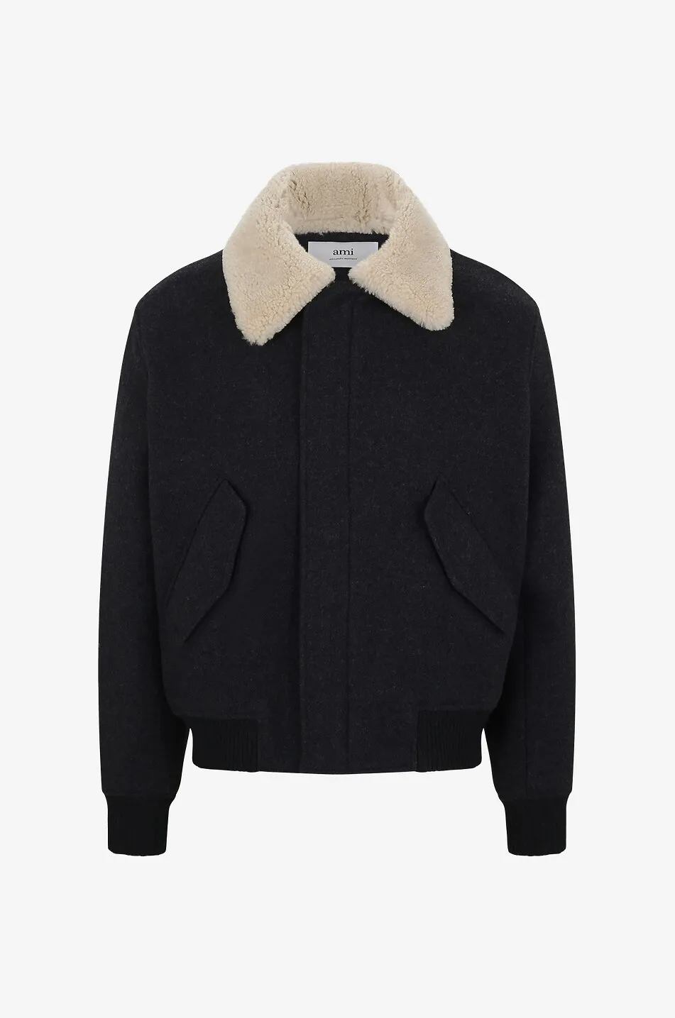 Blouson aviateur en drap de laine et peau lainée