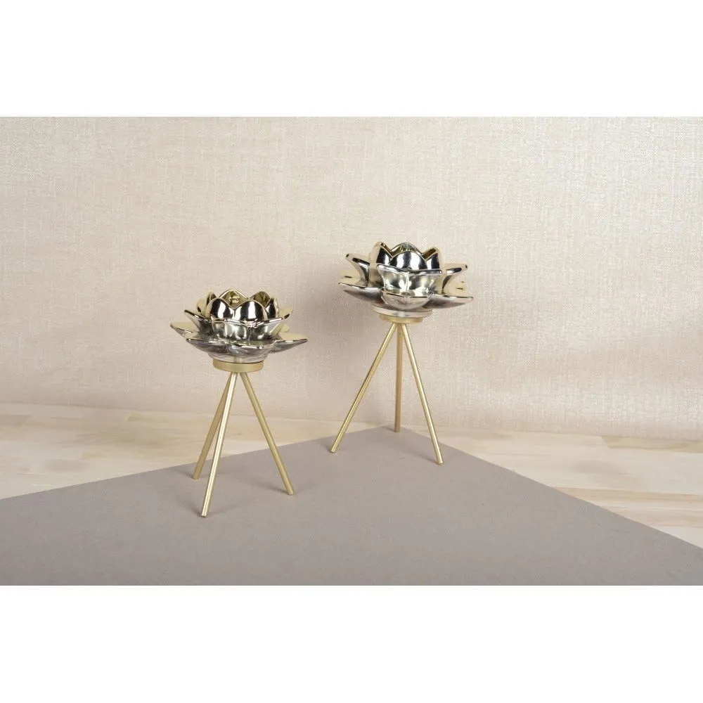 Bougeoir sur pied fleur doree 12.5x12.5x17.5cm