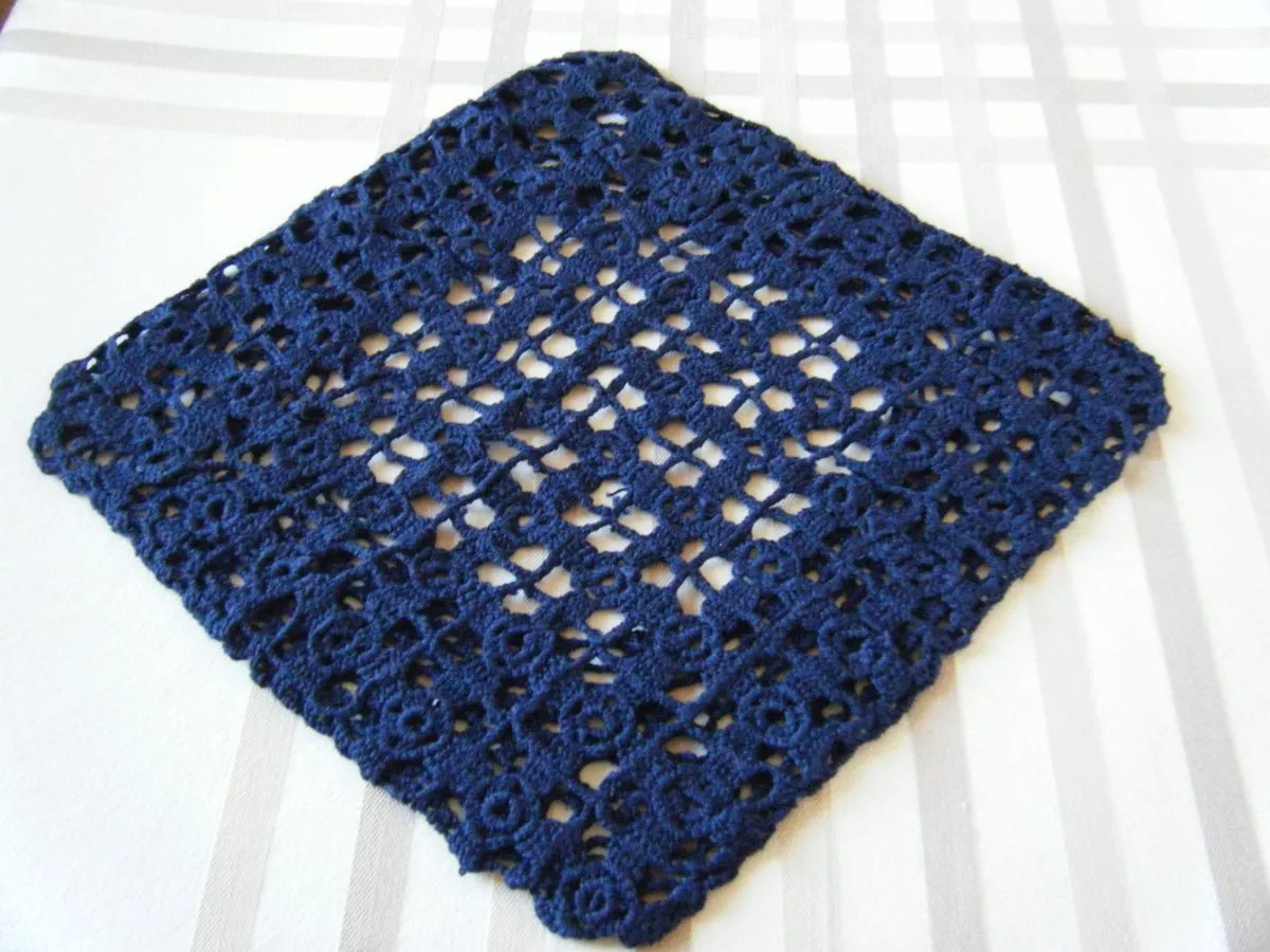 Housse coussin crochet fait main Vintage 60'S bleu-marine