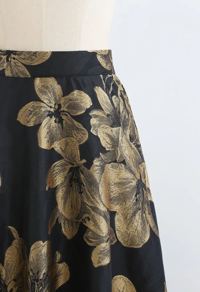 Jupe longue en jacquard fleur de dahlia doré