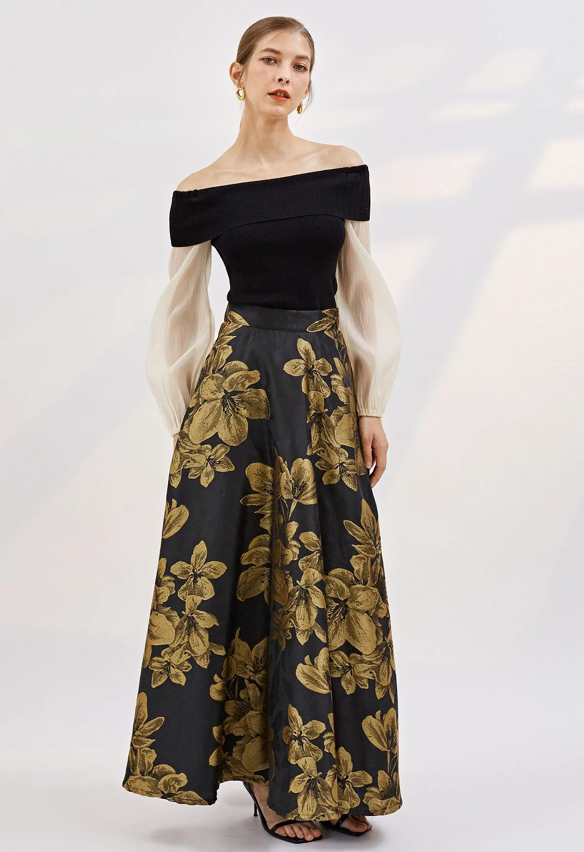 Jupe longue en jacquard fleur de dahlia doré