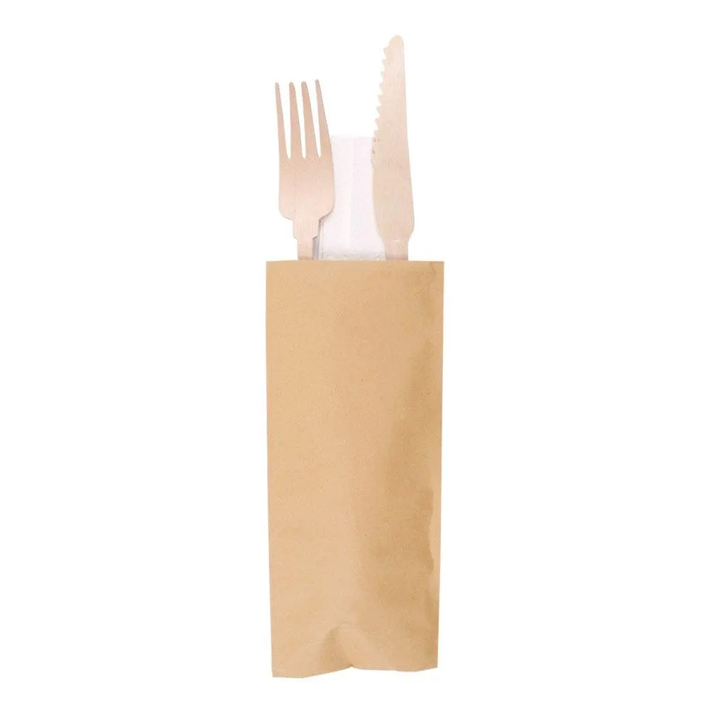 Kit 3/1 couverts fourchette + couteau en bois + serviette 20cm - par 100