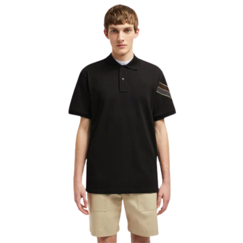 Polo ample coton piqué noir bordure kaki gris manche