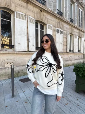 Pull blanc fleur noir (J9059)