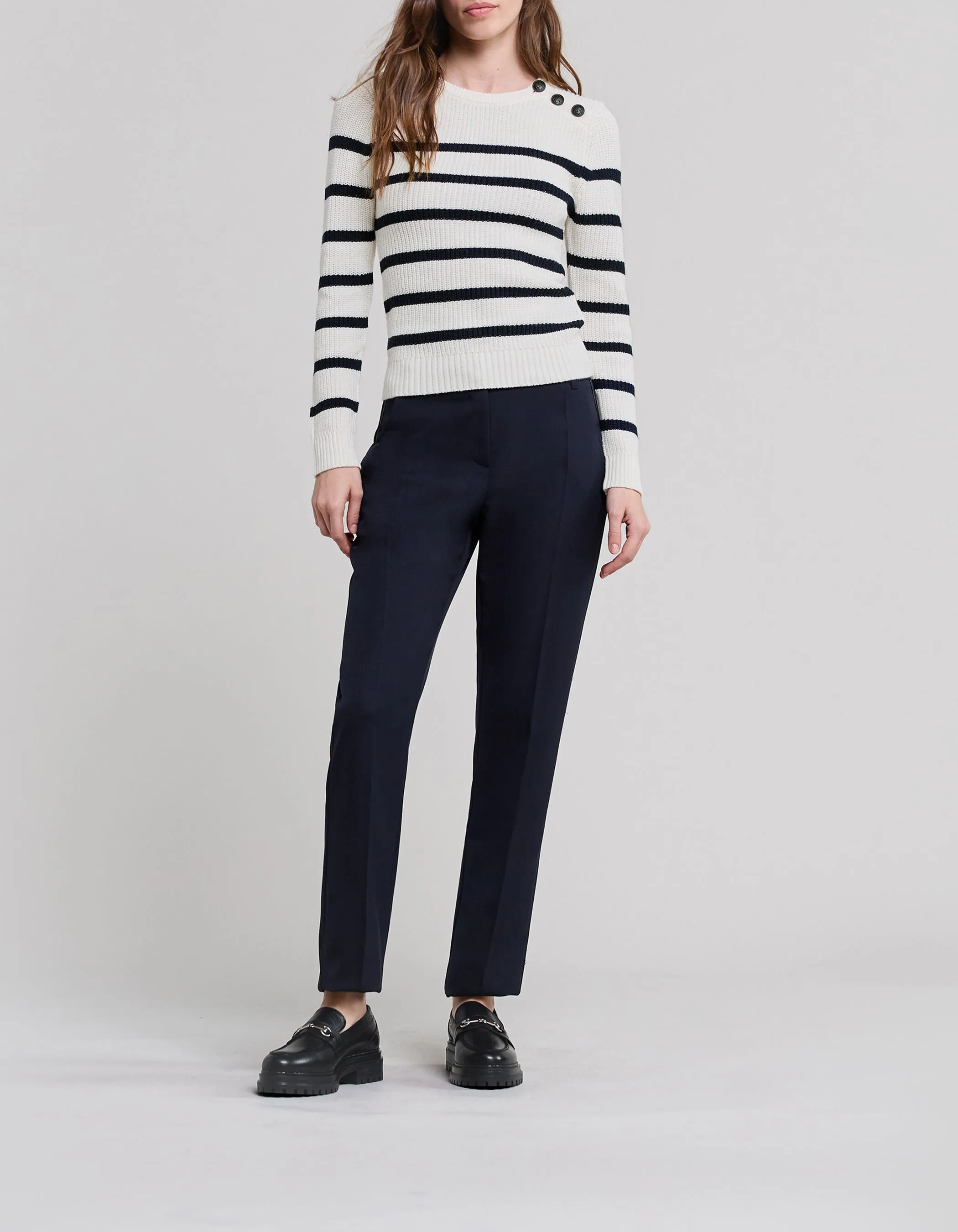 Pull marinière écru tricot boutons ancres Femme