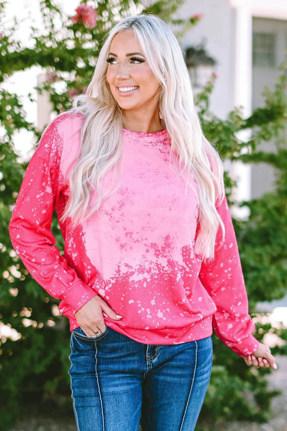 Sweat-shirt à manches longues et tie-dye rose