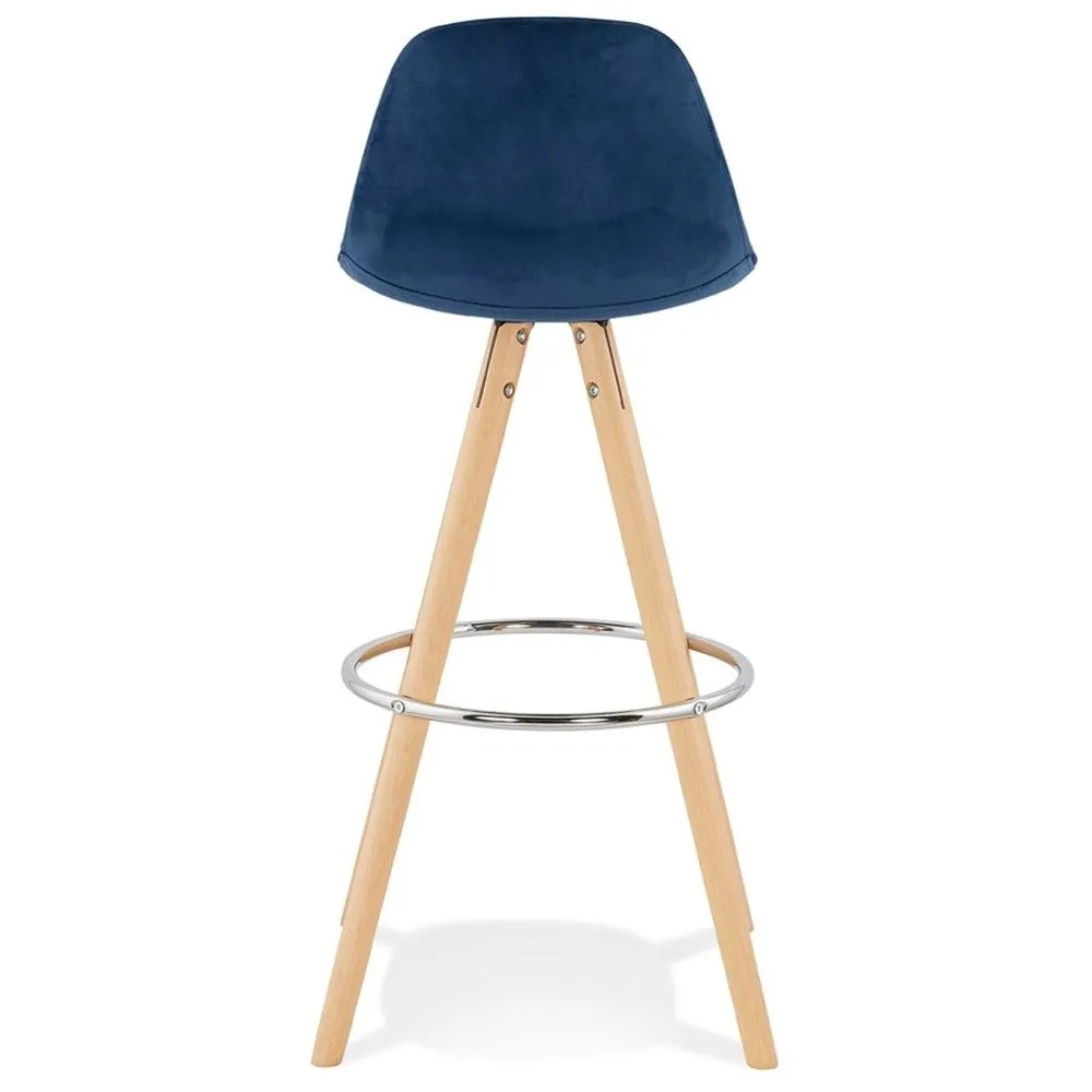 Tabouret de bar 'spirit' en velours bleu et pieds en bois naturel